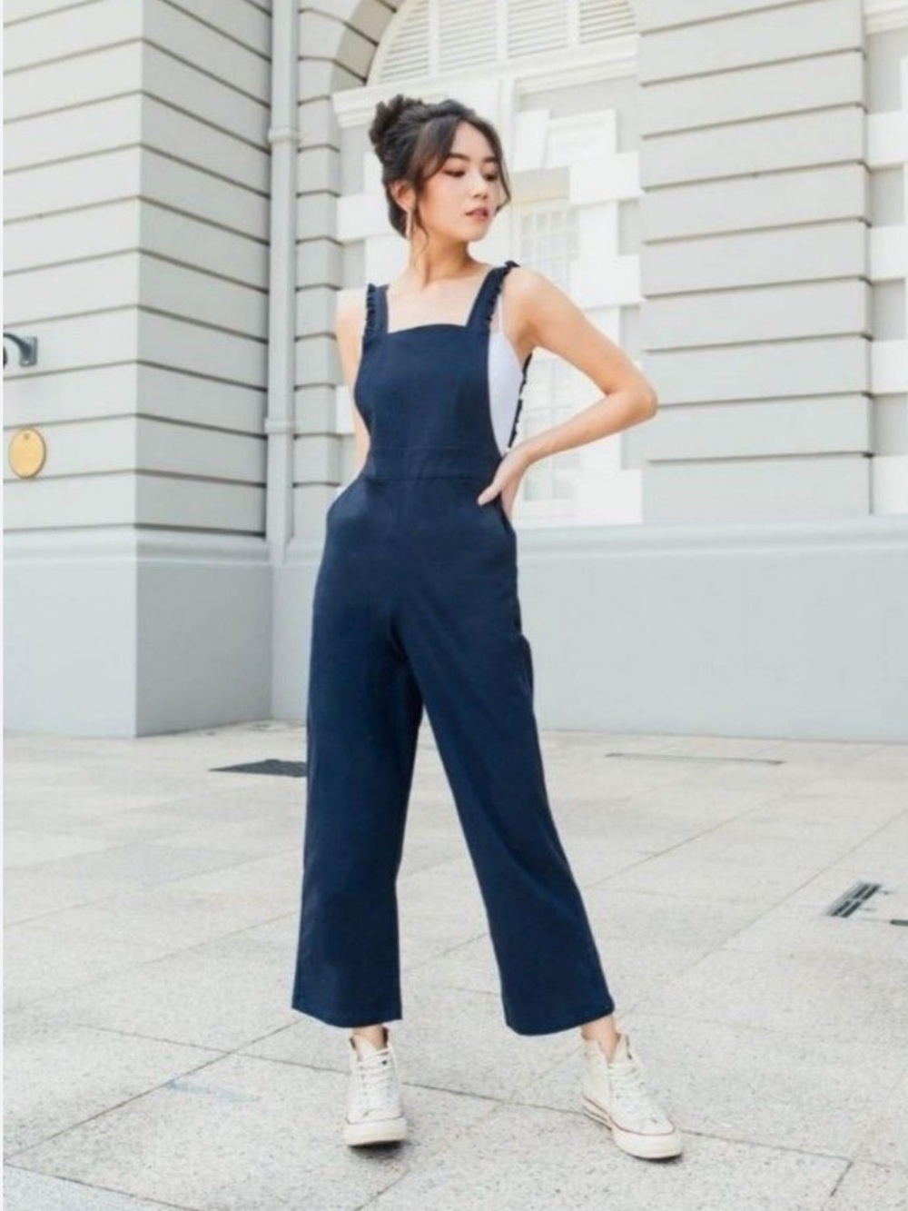Zara Woman Premium Denim Wide Leg Dark Wash Raw Hem Cropped Overalls M